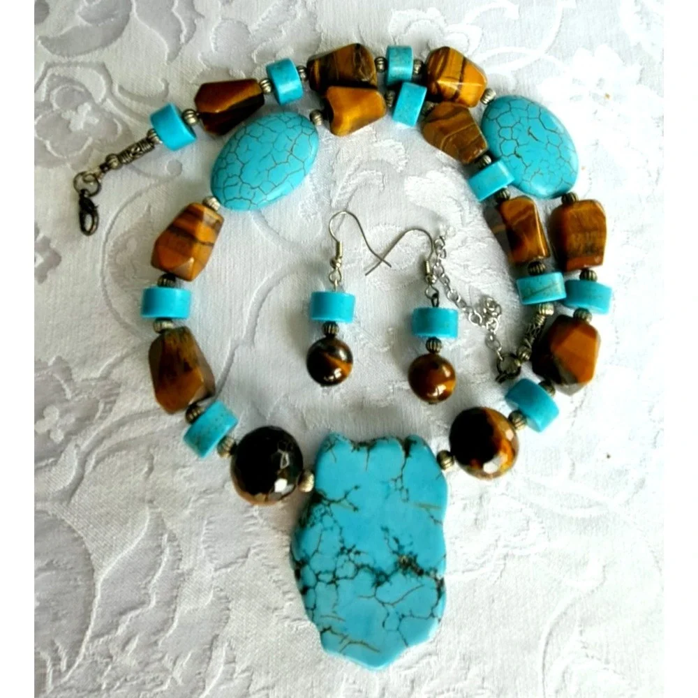 Fashion Jewelry Set Necklace Earrings Tiger Eye Turquoise Howlite Adjustable